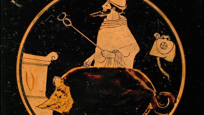 Antike Vasenmalerei mit einem Hirten und einem Schwein.