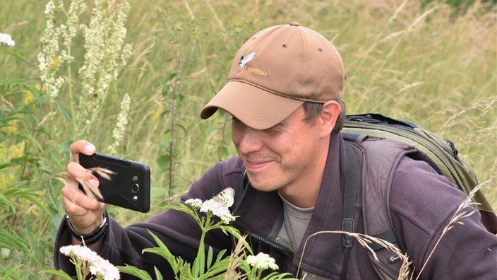 Ein Mann hockt in einer Wiese und fotografiert mit dem Mobiltelefon ein Insekt.
