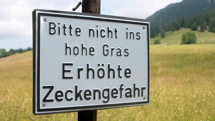 Schild mit der Aufschrift "Bitte nicht ins hohe Gras, erhöhte Zeckengefahr"