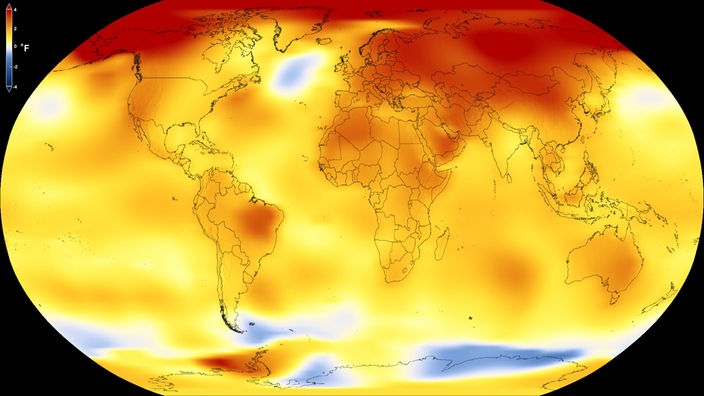 Computergrafik der Erde mit Farbmarkierung der warmen Bereiche