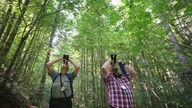 Zwei Förster stehen mit Ferngläsern in einem Wald