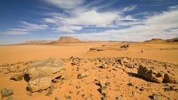 Eine mit Steinen bedeckte Wüstenlandschaft mit Gebirge im Hintergrund