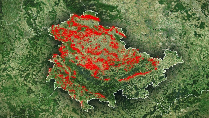 Satellitenkarte von Thüringen, Erdfallgebiete in Rot markiert | Bildquelle: WDR Satellitenkarte von Thüringen, Erdfallgebiete in Rot markiert