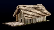 Modell eines Holzhauses aus der Jungsteinzeit mit Rietdach.