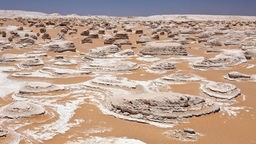 Runde, weiße Kalksteine bedecken den Sandboden des Nationalparks Weiße Wüste in der Sahara.