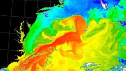 Satellitenaufnahme des Nordatlantiks mit Wärmebilddarstellung– die Form des Golfstroms ist deutlich zu erkennen