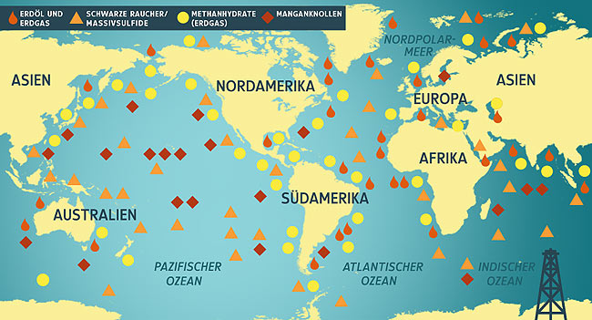 Auf einer Weltkarte ist eingezeichnet, wo Erdöl, Erdgas, Methanhydrate, Manganknollen vorkommen.