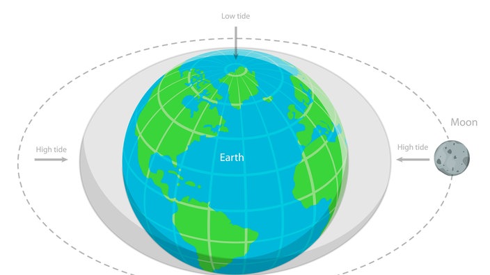 Grafik mit Mond, Erde und den Aufschriften "high tide" und "low tide" | Bildquelle: picture alliance / Zoonar / Anastasiia Torianyk Grafik mit Mond, Erde und den Aufschriften "high tide" und "low tide"