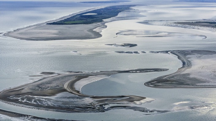 Luftaufnahme des Wattenmeers um die Nordseeinseln Borkum und Juist | Bildquelle: IMAGO/allOver-MEV Luftaufnahme des Wattenmeers um die Nordseeinseln Borkum und Juist