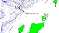 Auf einer Karte ist die Lage der Darwin Mounds nordwestlich von Großbritannien eingezeichnet.