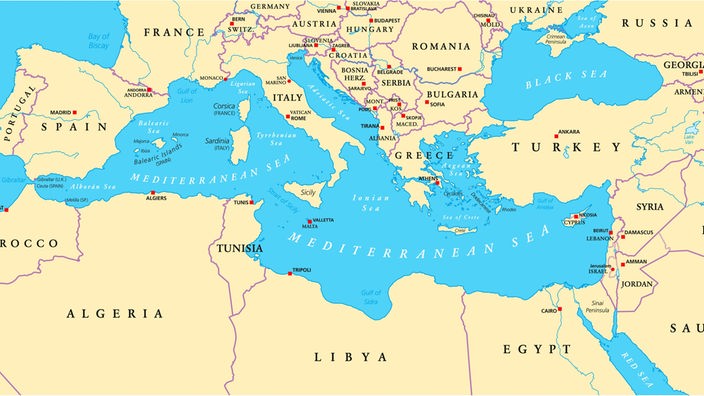 Eine Karte des Mittelmeers.