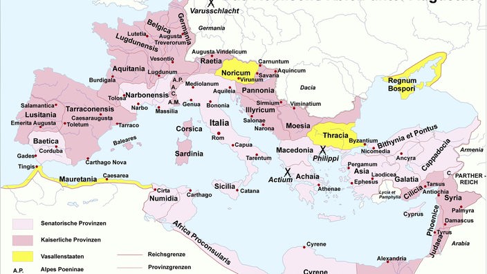 Karte des Römischen Reiches unter Kaiser Augustus.