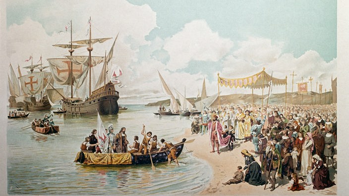 Entdeckung des Seeweges nach Indien 1497/98: Abfahrt Vasco da Gamas in Lissabon am 8. Juli 1497. 