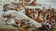 Das Fresko von Raffael zeigt Moses inmitten des tobenden Meeres, umgeben von Flüchtenden und ertrinkenden Ägyptern. Gott ist als Feuersäule dargestellt.
