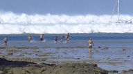 Touristen versuchen vor der ersten der sechs Tsunami Wellen am Strand von Hat Rai Lay in der Nähe von Krai im Süden Thailands zu fliehen, 26.12.2004.