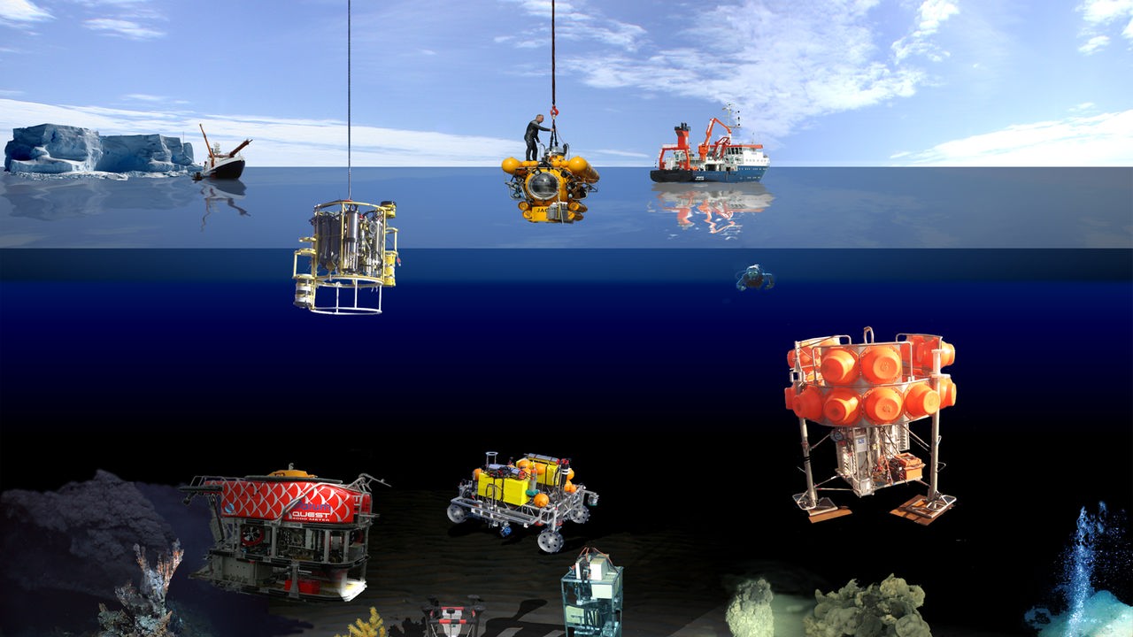 Grafik von Robotern, die den Meeresboden untersuchen.