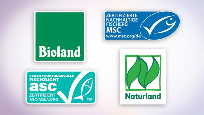 Grafik mit den jeweiligen Siegeln von Bioland, MSC, ASC und Naturland.