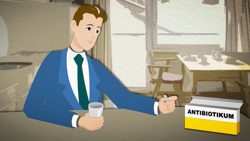 Animation: Mann nimmt Antibiotikum ein.
