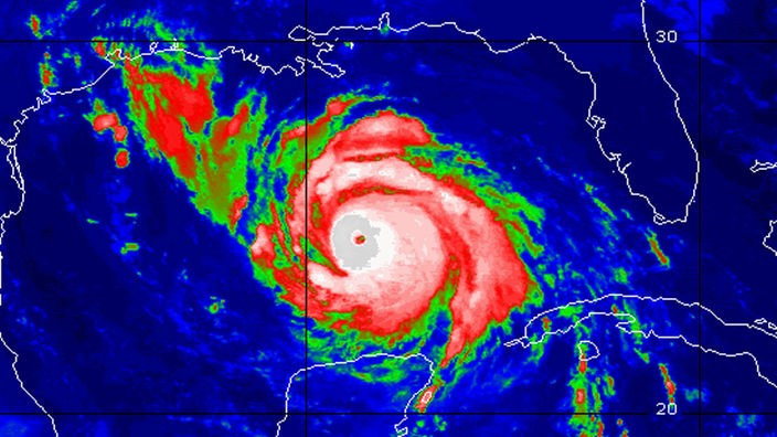 Ein Radarbild zeigt den Wirbel eines Hurrikans.