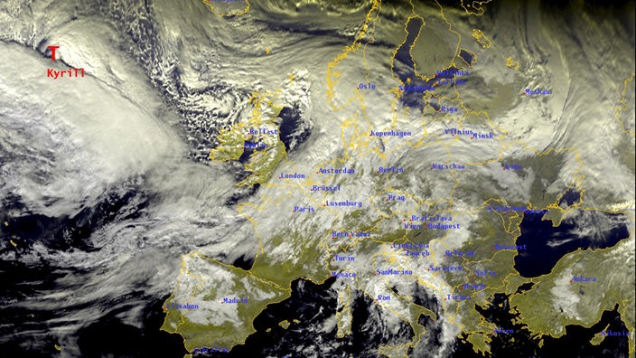 Satellitenkarte mit Sturmwarnung vor Orkan Kyrill