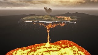 Grafik: Vulkan an der Erdoberfläche mit seiner sichtbaren Magmakammer im Untergrund.