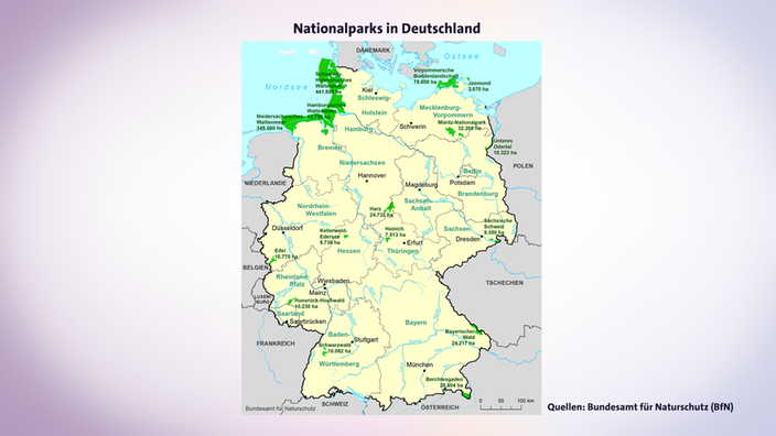 Kartenansicht: Nationalparks in Deutschland. | Bildquelle: Bundesamt für Naturschutz (BfN) Kartenansicht: Nationalparks in Deutschland.