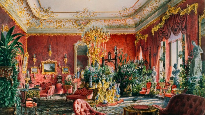 Gemälde eines prunkvollen Barockzimmer mit exotischen Zimmerpflanzen gefüllt