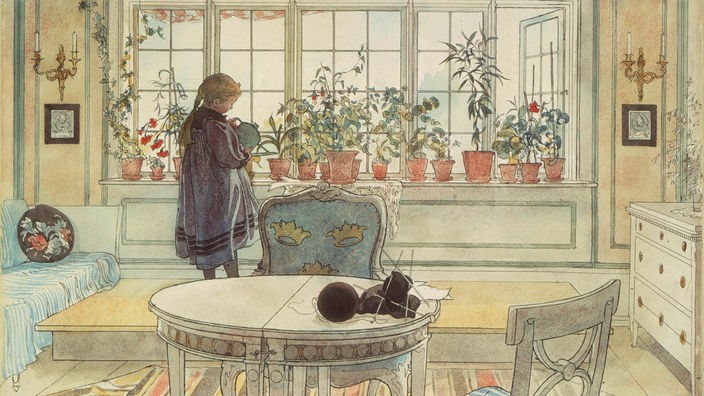 Gemälde eines Kinderzimmers des 19. Jahrhunderts mit großen Fenstern und Zimmerpflanzen