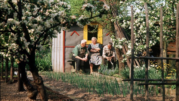 Vor einer Kleingartenlaube sitzen drei ältere Menschen und unterhalten sich.