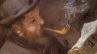 Portraätgemälde von Claude Monet mit Pfeife beim Zeitung lesen.