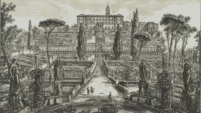 Der Stich zeigt die Villa d'Este und ihre Gartenanlagen. Die Villa steht erhöht im Hintergrund. Von ihr ausgehend erstrecken sich mehrere Gartenterrassen bis auf die Ebene des Betrachters. Im Garten sind Statuen und Brunnen zu sehen.
