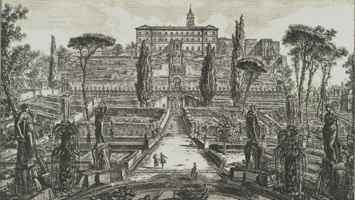 Der Stich zeigt die Villa d'Este und ihre Gartenanlagen. Die Villa steht erhöht im Hintergrund. Von ihr ausgehend erstrecken sich mehrere Gartenterrassen bis auf die Ebene des Betrachters. Im Garten sind Statuen und Brunnen zu sehen. | Bildquelle: akg Der Stich zeigt die Villa d'Este und ihre Gartenanlagen. Die Villa steht erhöht im Hintergrund. Von ihr ausgehend erstrecken sich mehrere Gartenterrassen bis auf die Ebene des Betrachters. Im Garten sind Statuen und Brunnen zu sehen.