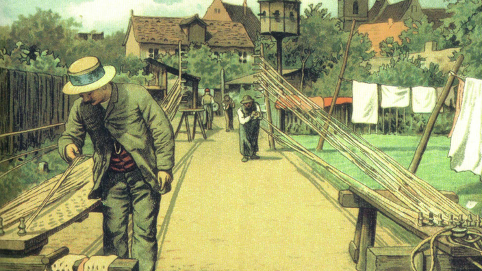 Gemälde eines Seilers beim Reepschlagen in einer Stadt