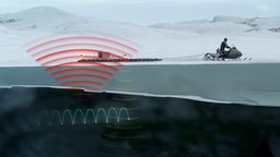 Grafik: Ein Mann mit Motorschlitten zieht ein Messinstrument über Meereis.