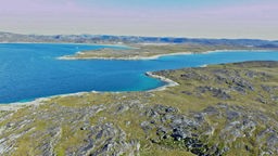 Luftaufnahme Grönland: Eine grüne Landschaft mit freien Felsen dazwischen und einem blauen Meeresarm.