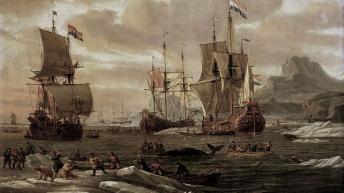 Das Gemälde von Abraham Storck zeigt "Niederländische Fleuten beim Walfang"