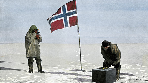 Eingefärbte Fotografie von Roald Amundsen am Südpol