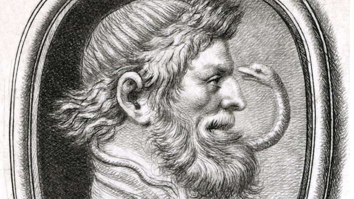Zeichnung: Kopf des griechischen Gottes Asklepios