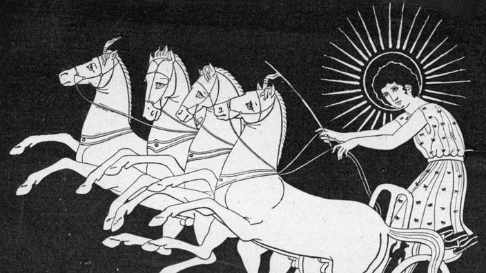 Zeichnung nach einer griechischen Vasenmalerei: Helios auf seinem Sonnenwagen, der von vier Pferden gezogen wird.