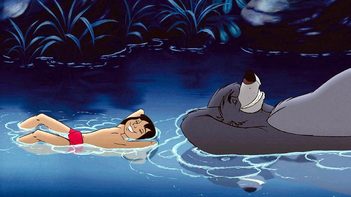 Szene aus dem Zeichentrickfilm Dschungelbuch: Mogli und Balu der Bär mit dem Rücken auf dem Wasser