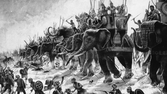 Gemälde: Eine Reihe Elefanten zieht in die Schlacht.