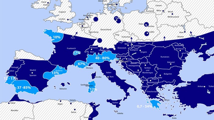Karte Europas mit Nordafrika auf der die Verbreitung von Filariosen in blau eingetragen ist. | Bildquelle: Dr. Torsten Naucke; Parasitus Ex e.V. Karte Europas mit Nordafrika auf der die Verbreitung von Filariosen in blau eingetragen ist.