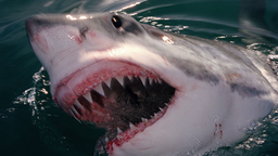 Kopf eines Weißen Hais mit weit geöffnetem Maul.