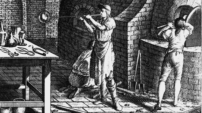 Radierung: Männer arbeiten in einer Glashütte