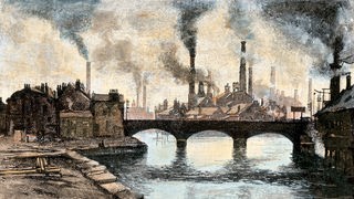 Gemälde: Fluss mit rauchenden Schloten einer Fabrik im Hintergrund
