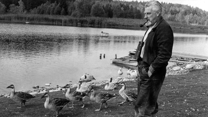 Professor Dr. Konrad Lorenz mit seinen Graugänsen am Ess-See bei Starnberg in Oberbayern | Bildquelle: dpa Professor Dr. Konrad Lorenz mit seinen Graugänsen am Ess-See bei Starnberg in Oberbayern