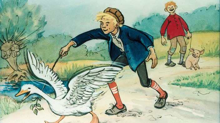 Zeichnung aus dem Märchen "Hans im Glück", Hans ärgert eine davon rennende Gans mit einem Ast
