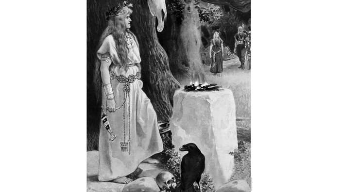 Historienbild: Germanische Seherin mit einem Raben, der neben einem Totenkopf sitzt