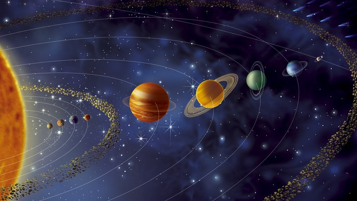 Umlaufbahnen der Planeten um die Sonne mit Kuipergürtel ganz außen | Bildquelle: WDR/dpa/BSIP/JACOPIN Umlaufbahnen der Planeten um die Sonne mit Kuipergürtel ganz außen