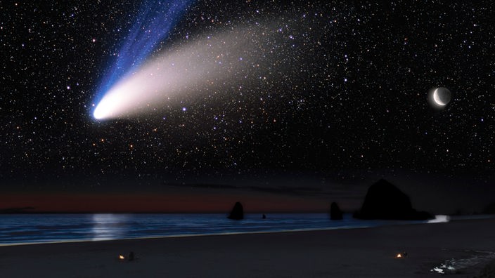 Der Komet Hale-Bopp über einem Strand in Oregon